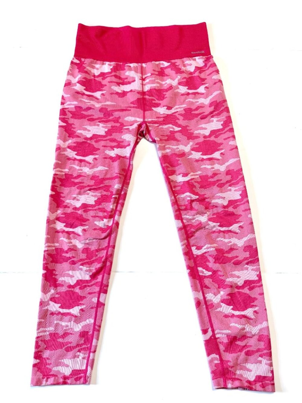 Women’s Reebok Pink Camo Leggings Wide Ribbed High Waist Band Activewear Size XL